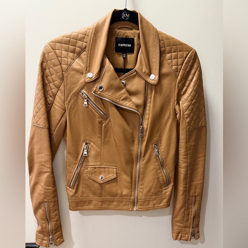 Express Camel Leather Jacket with Quilted Design